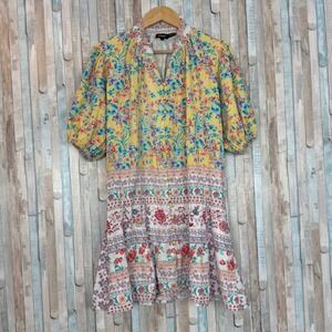 Tolani Floral Mixed Print 100% Cotton Mini Dress Button Front Puff Sleeve Boho M
